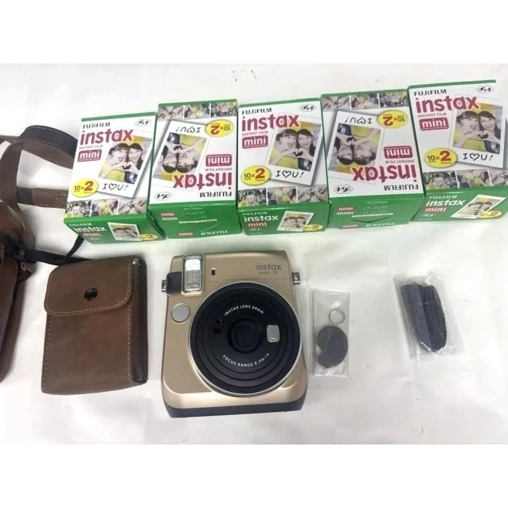 Fujifilm Gold Instax Mini 70 Instant Camera, Pouch & 5 Box Film, pre-owned JAPAN